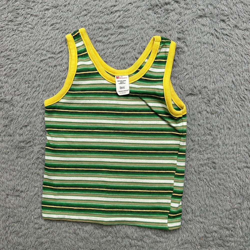 Vintage 80s Sears Toddler Tank Top 4T Green Yellow Stripe Summer Beach